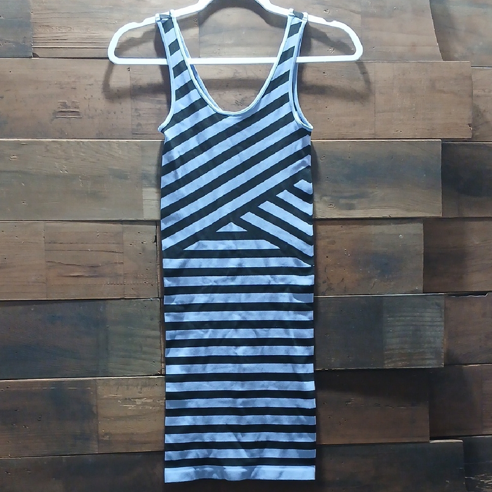 Bebe Stretch Black and Blueish lavender Striped Dress Size Small